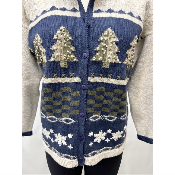 Navy Beige Button Down Embroidered Christmas Scene Sweater Knit Cardigan - Picture 5 of 16
